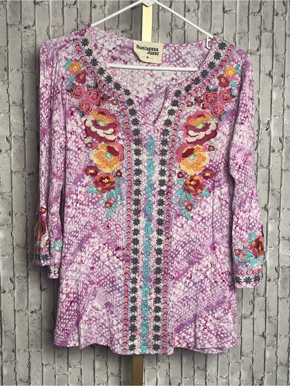 Savanna Jane South Beach Embroidered Boho Blouse Purple M